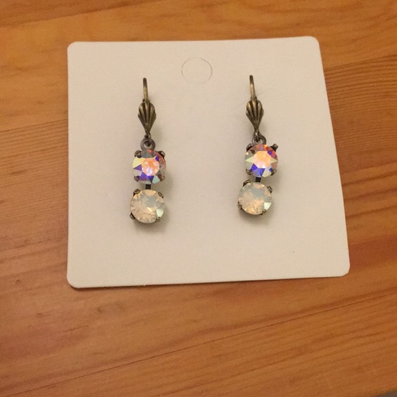 Antique Brass Aurora Borealis + White Opal Crystal Drop Earrings - Picture 4 of 5